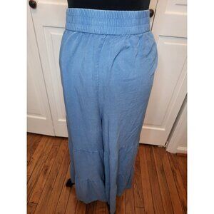Blue Chambray Wide Leg Ruffle Tiered Pants 22/24 Elastic Coastal Beach Lagenlook